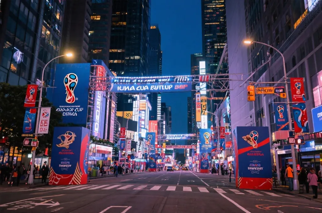 世界杯开幕前城市街区布置与球迷活动氛围